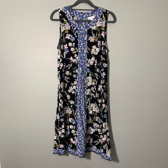 J. Jill Dresses & Skirts - J. Jill Women Mixed Floral Print Sleeveless Shift Dress Black Blue Pom Pom Hem‎